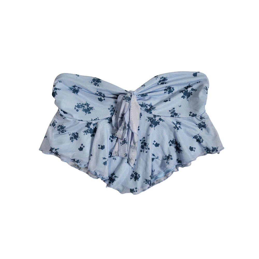 SHEIN Light Blue Floral Tie Front Strapless Ruffle Hem Tube Top L Dollette